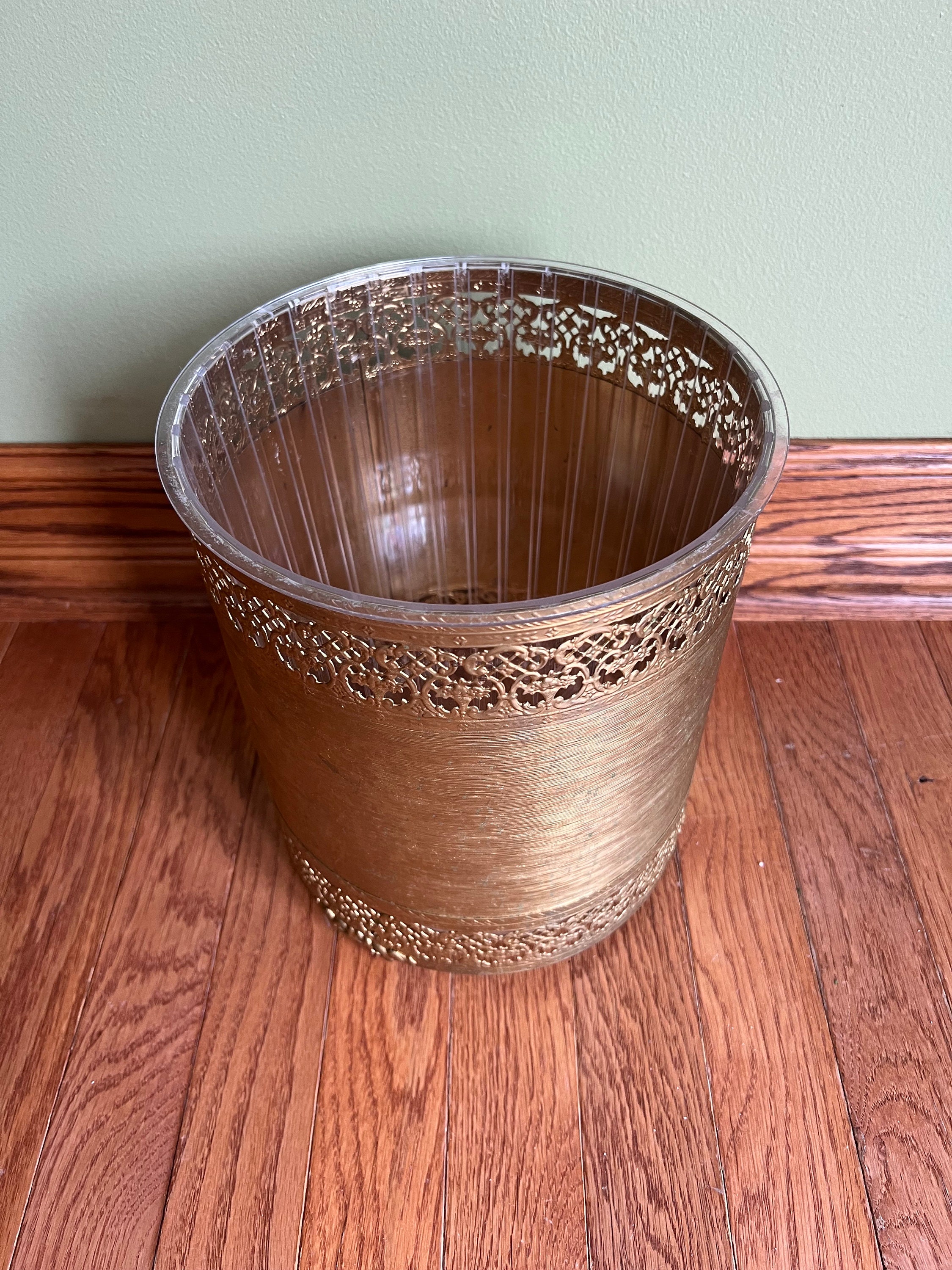 Vintage Stylebuilt Gold Tone Metal Waste Basket with Clear Acrylic