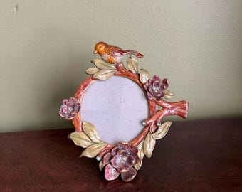 Vintage Enameled Small Photo Frame with Bird Flowers and Rhinestones Black Velvet Backing with Easel 3.5x 3.5 image size