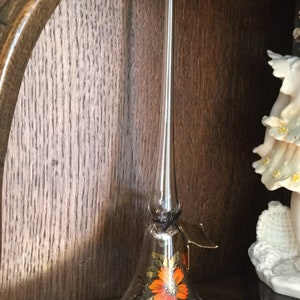 MCM Long Stem Hand Blown Glass Bell Glass by Ferenc Gilman USA ILL. /Long Vintage Glass Bell with Orange and Gold Floral Print/Dinner Bell
