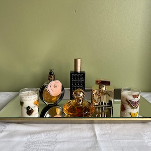 Contemporary Vanity Mirror Perfume Tray/ Mirror and Gold Tone Wooden Base Vanity Tray/ Mirror Perfume Tray