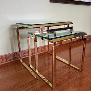 Vintage Pair of Nesting Tables - Hollywood Regency Gold Brass Base and Beveled Thick Glass Top//1970s Gold Brass and Glass Nesting Tables