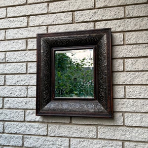 Vintage Dark Wood Frame Wall Beveled Mirror with Embossed Metal Decoration/ Medium size Wood Frame Mirror
