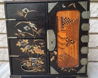 Antique Wooden Jewelry Box/Japanese Meiji Inlaid Jewelry Cabinet