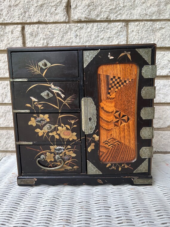 Antique Wooden Jewelry Box/Japanese Meiji Inlaid J