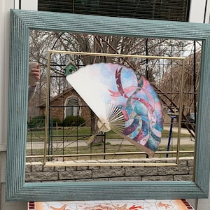 Postmodern Blue Wooden Frame Mirror/ 1990s Woodworth Author Signed Decorative Wall Mirror/ Vintage Mirror with Fan Print