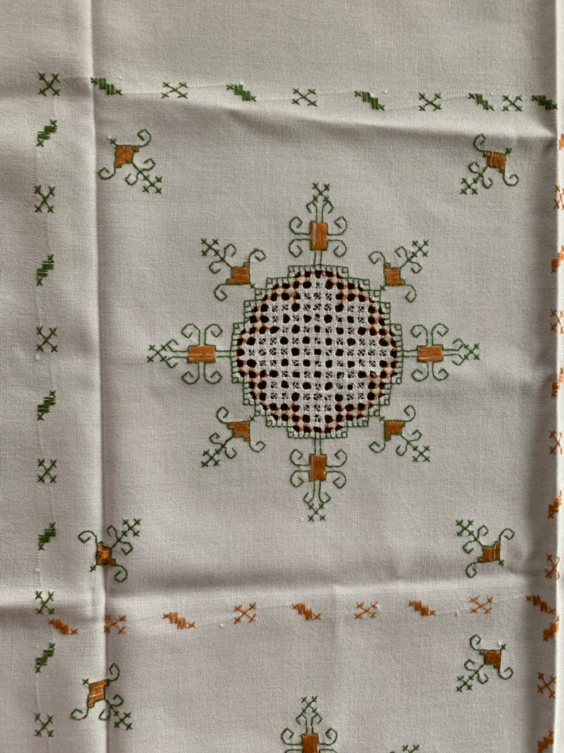 Vintage Linen Hand Embroidered Square Tablecloth Retro Linen Embroidered with cutouts Tablecloth