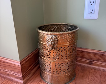 Vintage Solid Brass Basket with Sided Lion’s Head Handles- Embossed Grape Motif and  Filigree Design Hollywood Regency style