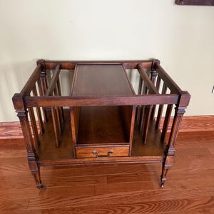 Vintage Brandt Canterbury Magazine Rack Table with Drawer and Bronze Castors Made in USA, Hagerstown,Maryland