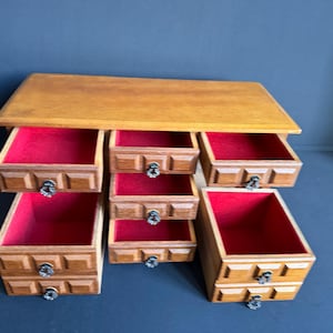 Mid Century Musical Jewelry Box by Price Imports made in Japan- Solid Wood 7 Drawers - Red Corduroy Velvet Lining