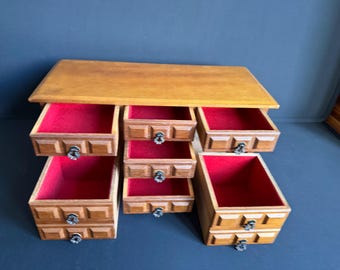 Mid Century Musical Jewelry Box by Price Imports made in Japan- Solid Wood 7 Drawers - Red Corduroy Velvet Lining