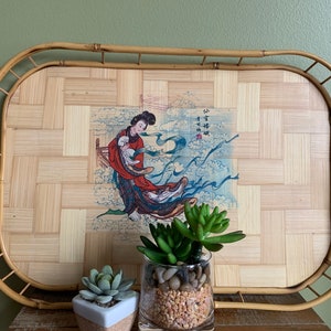 Vintage Rattan Bamboo Tray with Bent  Bamboo with Geisha Print/ Rattan TV Tray