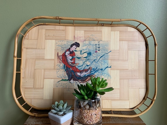 Vintage Rattan Bamboo Tray With Bent Bamboo With Geisha Print