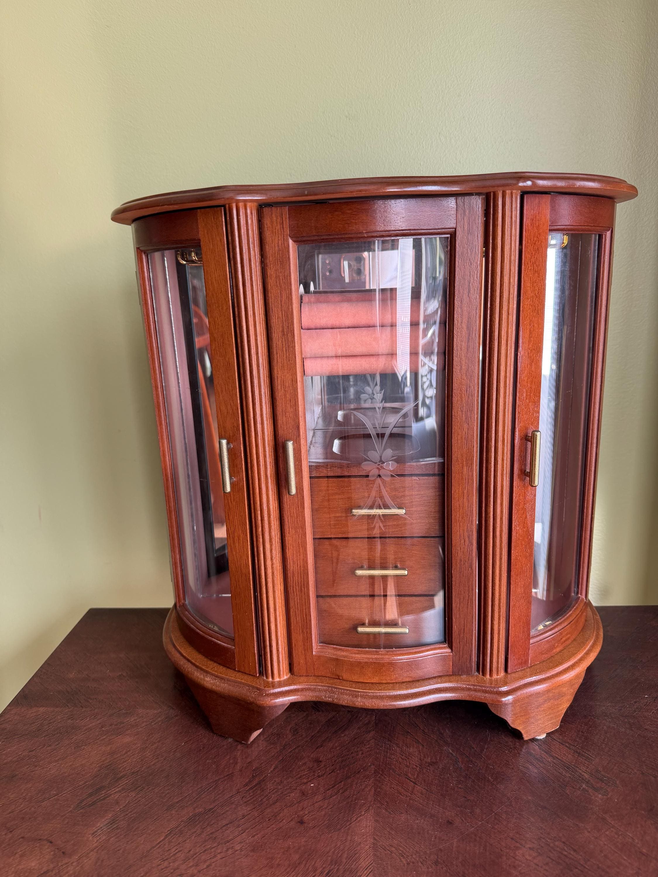 Vintage Large Wood Jewelry Armoire: 2 Necklace Carousels- Convex