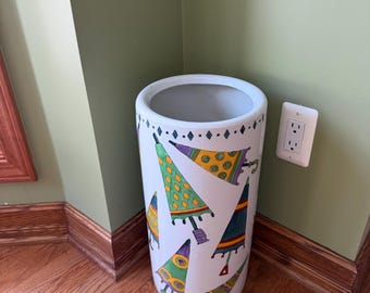 Vintage Hand Painted Cylinder Umbrella Stand 18”T // Stoneware Umbrella holder stand 1970s Made in China
