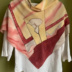 Vintage Batik Silk Scarf/ Painted Silk Scarf with Callas Print/ Hand Painted Large Silk Scarf