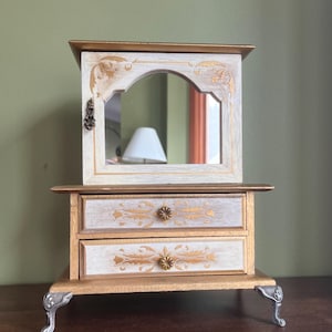 Mid Century Musical Wooden Jewelry Box with Mirror 5 Drawers Yellow Velvet Lining Made in japan/Retro Jewelry Chest/Unisex Jewelry Box
