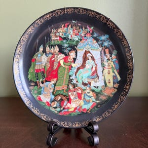 1989 Palekh Bone China Decorative Plate A. Pushkin Fairy Tale " The Tale of the Golden Cockerel" signed V. Vlezko