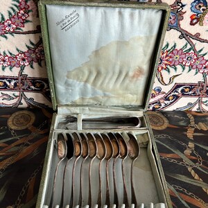 Antique French set of 10 teaspoons and sugar tongs Silverplated/ NARBONNE France silverware/Silverplated Sugar Tongs