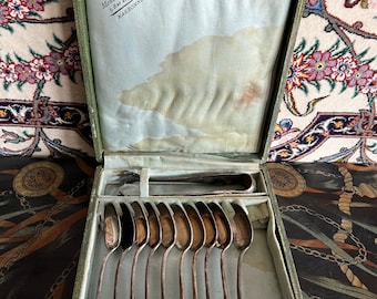 Antique French set of 10 teaspoons and sugar tongs Silverplated/ NARBONNE France silverware/Silverplated Sugar Tongs