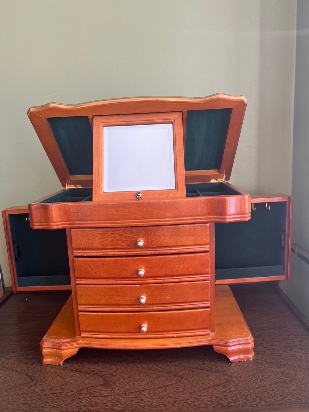 Vintage Large Jewelry Armoire With Fleur De Lis Decor/flip Open Top