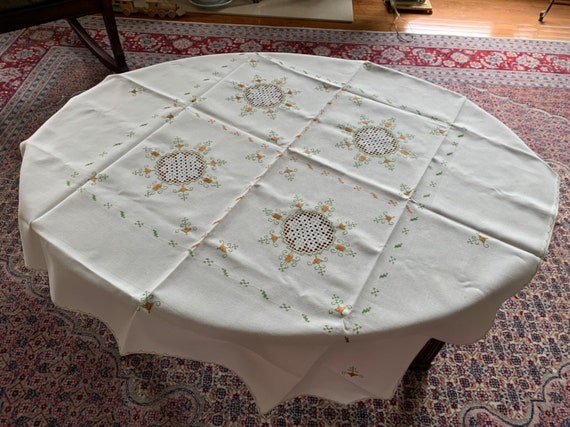Vintage Linen Hand Embroidered Square Tablecloth/ Retro Linen Embroidered with cutouts Tablecloth