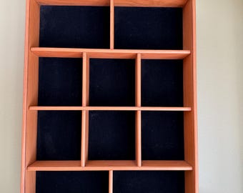 Vintage Wooden Wall Curio by Tannery Lane Co. Black Velvet Background/Wall Hanging 10 Cubby Shelf/Hanging Vertical or Horizontal