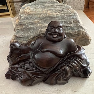 Vintage Rosewood BUDDHA Figurine/ Laughing Buddha/ Asian Wooden Buddha