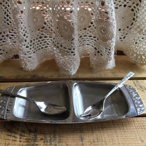 Vintage Alessi Italy 4057 Stainless Divided Relish Tray with Two Matching Rogers Bros. Serving Spoons