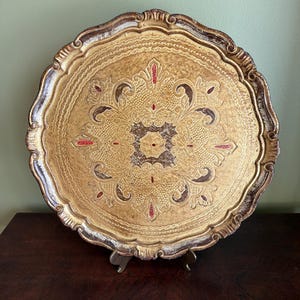 Vintage Italian Florentine Gold Gilted Round Tray 15” diameter/Large Made in Italy Florence Hand Made Gold Tray/Gold Perfume Tray image 1