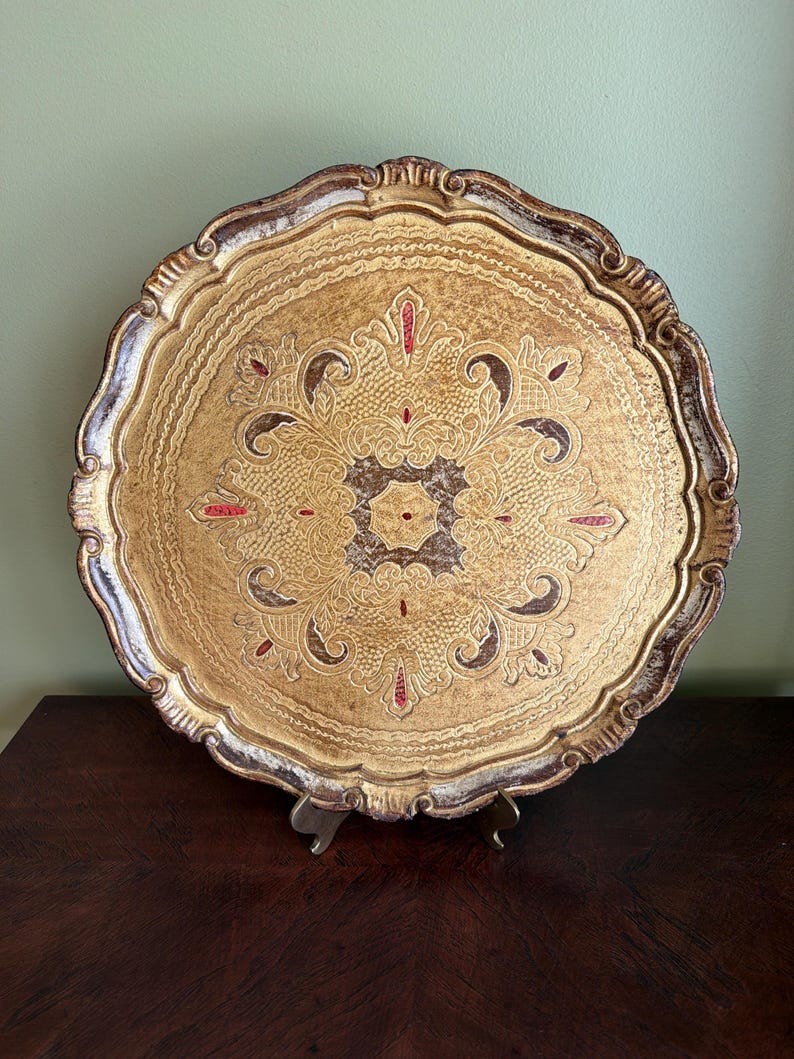 Vintage Italian Florentine Gold Gilted Round Tray 15” diameter/Large Made in Italy Florence Hand Made Gold Tray/Gold Perfume Tray image 1
