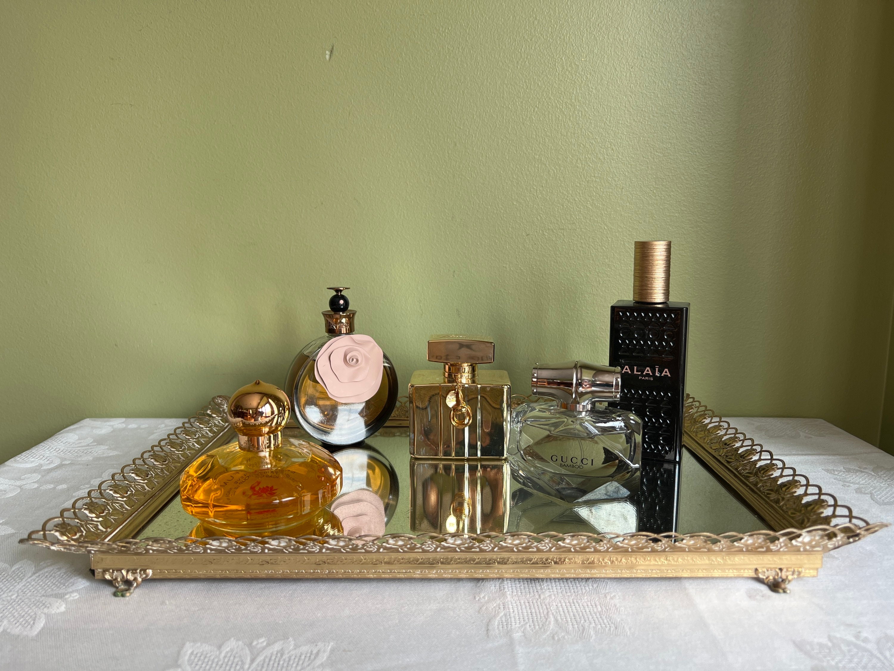 Chanel Glam set up - Mirror vanity tray, candle and perfume bottles all  crafted by me