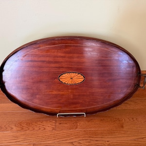Antique England Edwardian era XL Oval Mahogany Serving Tray: Scalloped Edge - Brass Handles- Inlay marquetry Center / 26”L x 15”W