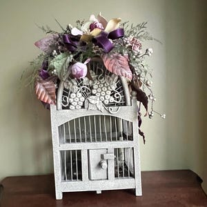Vintage Painted wooden Bird Cage with Artificial Flowers Decor/Wooden Birdcage/ Tabletop or Ceiling hanging Wooden Birdcage