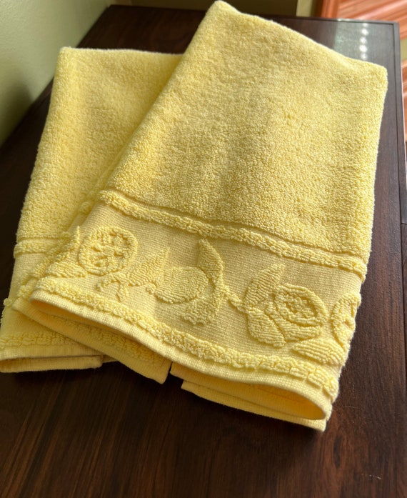 Unused Vintage Brazilian Cotton Yellow Terry Towels With Lemon
