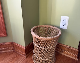 Vintage Wicker Basket/Wicker/Hand Woven Rattan Plant Stand/Vintage Rattan Wastebasket/Office Paper Bin/Wicker Planter