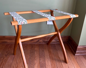 Mid Century Folding Luggage Holder Rack made by Scheibe in USA/Wooden Suitcase Stand with Tapestry Fabric Straps