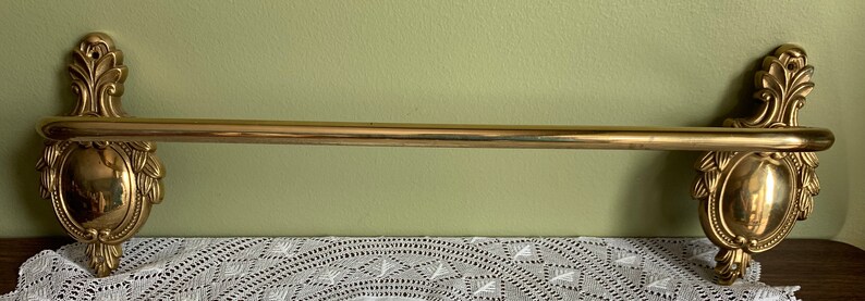 Towel Ring and Toilet paper Holder Made in Taiwan Gold Ornate Bathroom Set Vintage Bathroom Ornate Brass Hardware Set of 3 Towel Rack