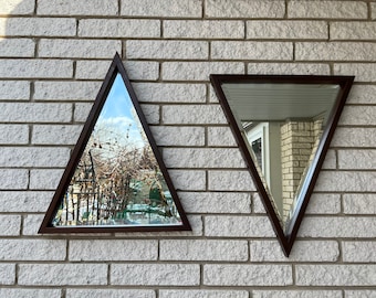 Vintage Ethan Allen Set of Two Triangle Mirrors/ Dark Wood Frame Triangle Beveled Mirror Set of Two/ Rare Ethan Allen Mirror 1987