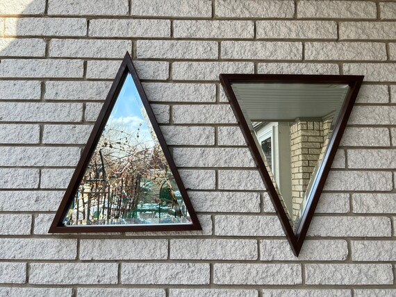 Vintage Ethan Allen Set of Two Triangle Mirrors Dark Wood Frame