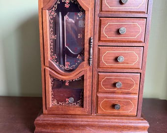 RARE!!!  Solid Wood Jewelry Armoire: Secret Tray Underneath- Mirrored Necklace Box -3 Drawers Large Ring Holding Drawer - Yellow Lining