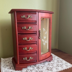 Vintage Wooden Jewelry Cabinet with Carousel for necklaces 5 Drawers Etched Glass Door/Wooden Jewelry Armoire/ Wooden Jewelry Box