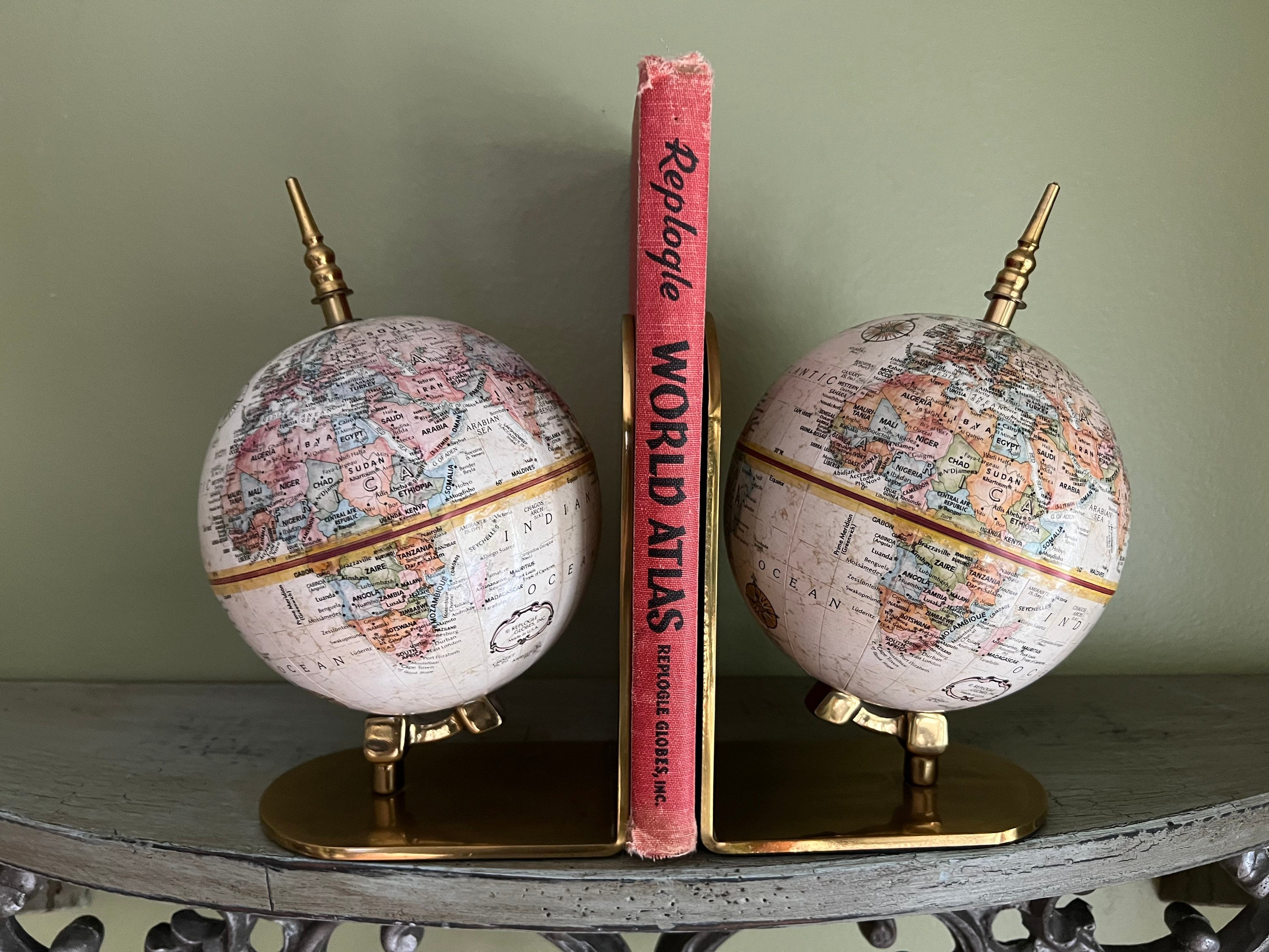 Vintage World Globe Bookends That Spin / Pair Rotating Old World Globes