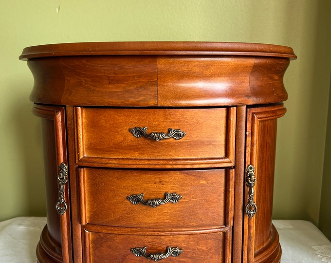 Vintage Wooden Jewelry Standing Chest With Two Sided Necklace Ring