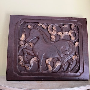 Vintage Carved Wood Horse Wall Art/Hand Carved Abstract Horse Wood Wall Art Hanging/Asian style Hand Carved Wooden Wall Plaque