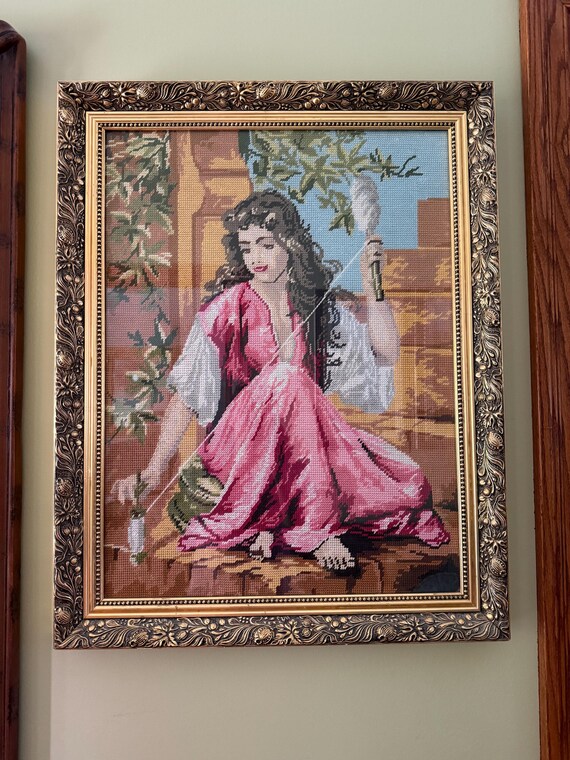 VTG Charles Zacharie Landelle “La Fileuse” Needlepoint Art Wall -Young Woman with Spindle Hand-stitched Needlepoint Art Framed Under Glass