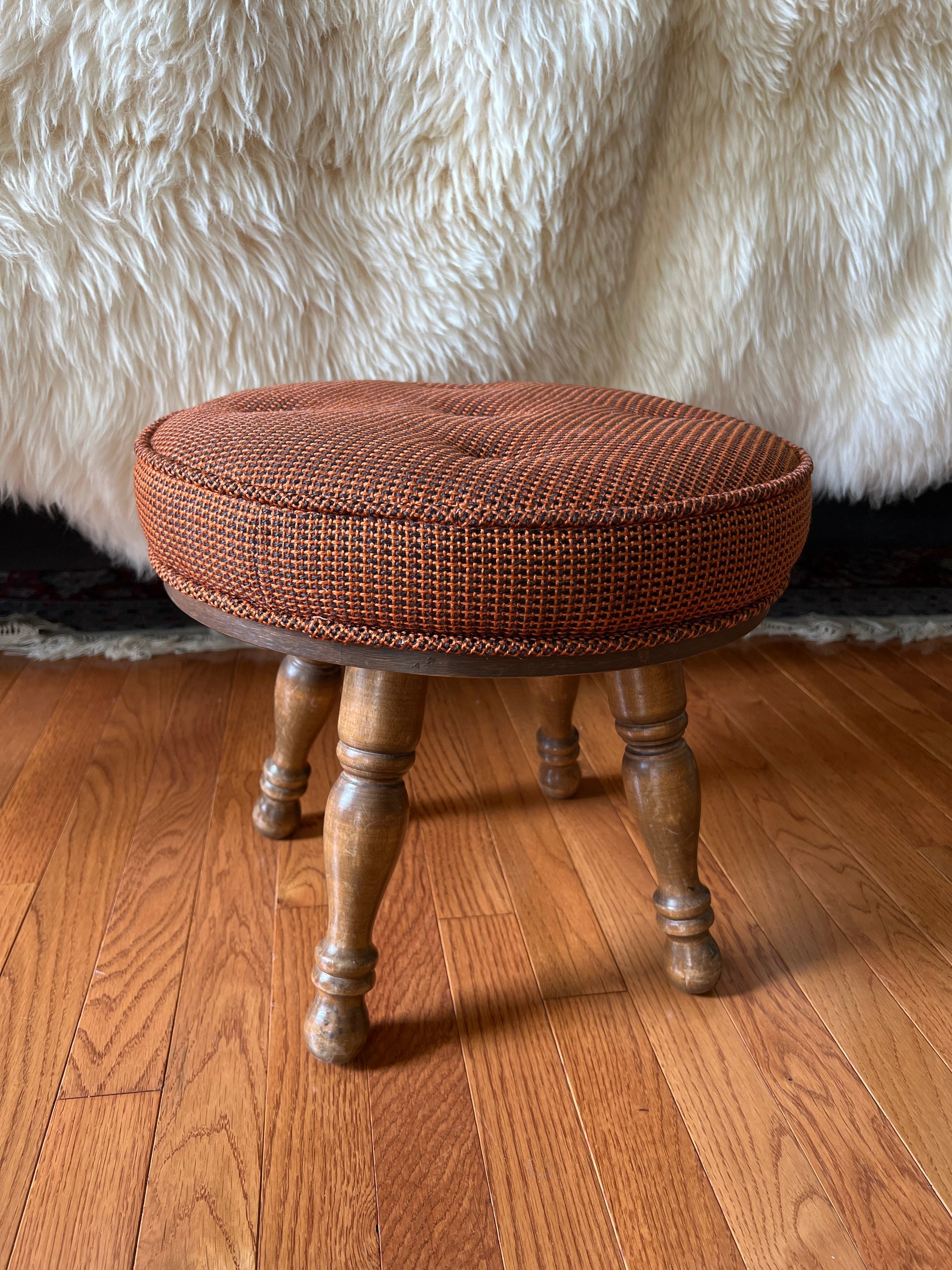 Vintage Round Wooden Leg Upholstered Cushioned Foot Stool