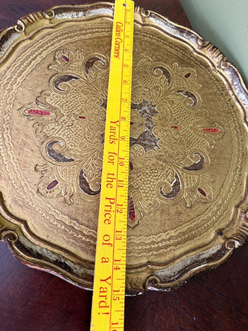 Vintage Italian Florentine Gold Gilted Round Tray 15” diameter/Large Made in Italy Florence Hand Made Gold Tray/Gold Perfume Tray image 11