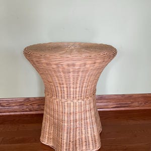 Vintage Round Wicker and Bamboo Small Table/Bamboo base Rattan Small Round Table/Rattan Side Table