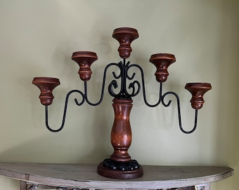 MCM Wood and Forged Iron Candelabra/ Vintage 1970s 5 candles Candelabra/Atomic Era Large Candle Holder