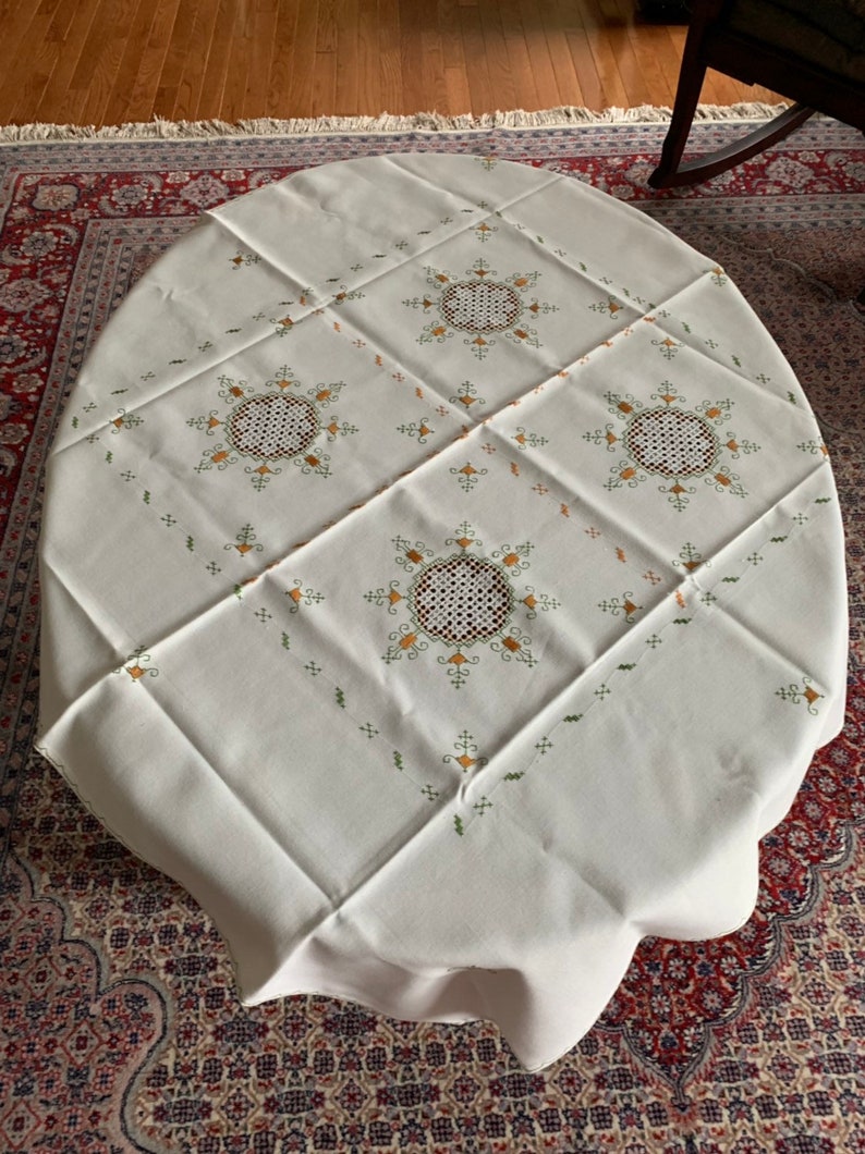 Vintage Linen Hand Embroidered Square Tablecloth Retro Linen Embroidered with cutouts Tablecloth